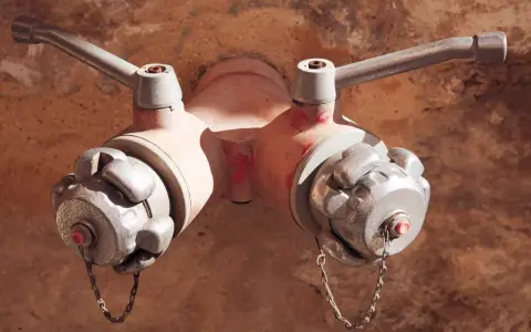 Dwa zawory hydrantu pożarowego, jeden z nich z widocznym czerwonym bolcem. Różne rodzaje hydrantów mogą mieć odmienne konstrukcje.