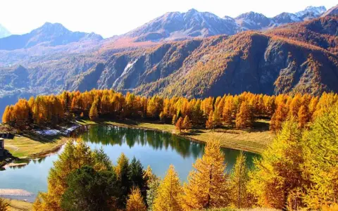 Autunno dorato al lago di Lod, con larici fiammeggianti che si specchiano nelle acque tranquille, montagne maestose sullo sfondo.