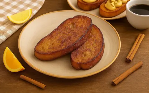 Dos torrijas doradas en un plato, acompañadas de gajos de naranja y limón, canela y café. ¡La mejor receta de torrijas!