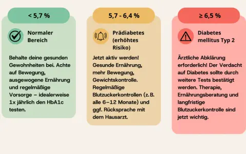 Drei Bereiche für den HbA1c wert: Normal (<5,7%), Prädiabetes (5,7-6,4%) und Diabetes Typ 2 (≥6,5%). Regelmäßige Kontrollen sind wichtig.