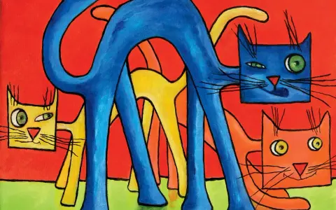 Gatti stilizzati in blu, giallo e arancione su sfondo rosso e verde. I colori complementari creano un effetto vibrante e giocoso.