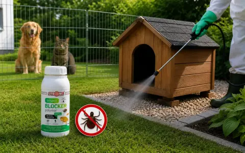 Skuteczne domowe sposoby na kleszcze u psa: oprysk budy i trawnika preparatem Insect Blocker. Pies i kot obserwują z bezpiecznej odległości.