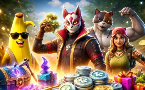 Postacie z Fortnite, banan w okularach, lis w masce i kot, trzymają monety i prezenty. Szukasz kodów do Fortnite na V-dolce?