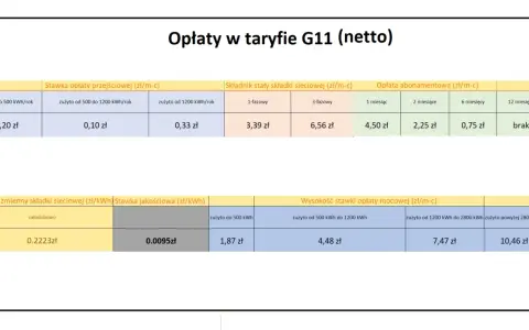 Tabela opłat w taryfie G11 (netto) pokazuje stawki za energię elektryczną, składniki stałe i zmienne sieciowe, opłaty abonamentowe oraz stawki opłaty mocowej w zależności od zużycia.