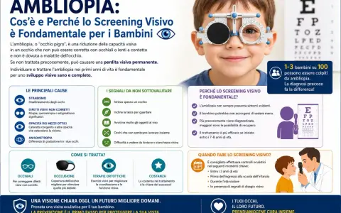 Bambino con occhiali da vista speciali per testare l'ambliopia, "occhio pigro". Sintomi da non sottovalutare e importanza dello screening visivo precoce.