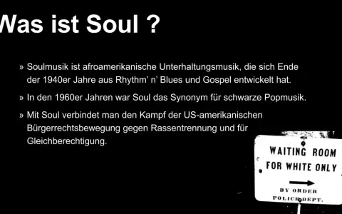 Soulmusik, ein Musikgenre mit Seele, entstand Ende der 1940er Jahre. Sie war ein Synonym für schwarze Popmusik und verband sich mit dem Kampf für Gleichberechtigung.