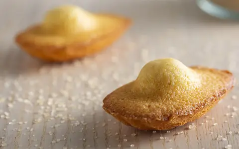 Deux madeleines dorées, parsemées de sucre, prêtes à être dégustées. Une invitation à la recette madeleine parfaite.