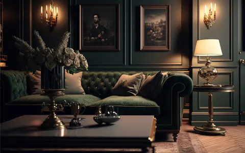 Elegancka, zielona sofa w stylu gotyckim, ozdobiona poduszkami, stoi w przytulnym salonie. Obok niej, złota lampa i obrazy na ścianie dodają wnętrzu charakteru.
