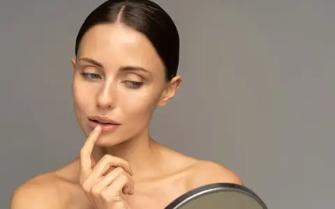 Mujer se toca los labios con el dedo, reflexionando sobre cómo hidratar los labios para una piel radiante.