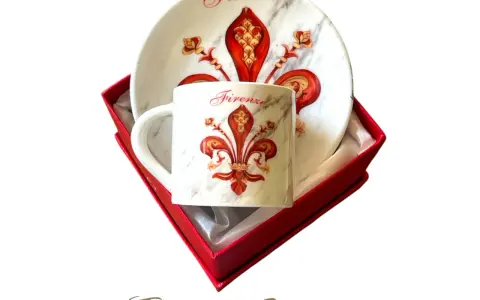 Tazzina e piattino con giglio, uno dei simboli di Firenze, in confezione regalo rossa.