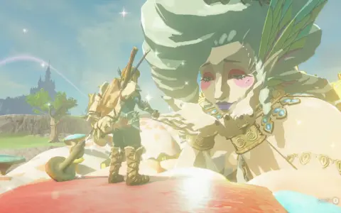 Link interactúa con una gigante en Hyrules, un momento épico de Tears of the Kingdom.