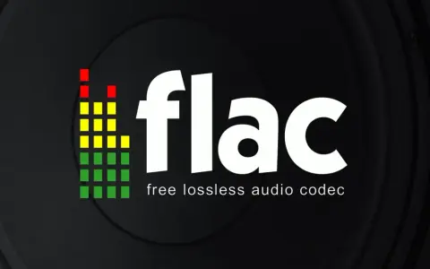 Logo FLAC z kolorowym wskaźnikiem poziomu dźwięku i napisem "free lossless audio codec". Ciesz się muzyką w najwyższej jakości.