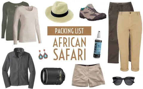 Jakie buty na safari w Kenii? Wygodne trekkingowe, do tego beżowe spodnie, bluza polarowa, kapelusz, okulary, biżuteria i aparat.