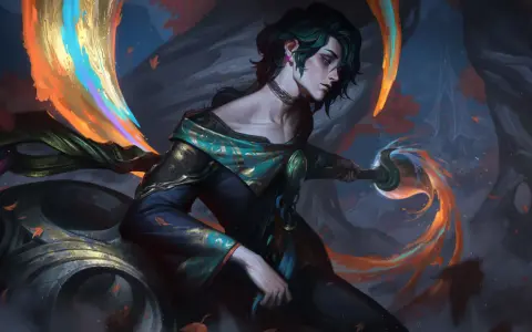 Hwei z League of Legends, artysta tworzący magią kolorów, otoczony jesiennymi liśćmi i płomieniami.