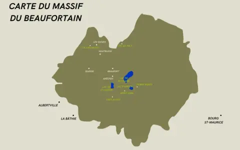 Carte du massif du Beaufortain, montrant les lacs de Roselend et Saint-Guérin, ainsi que des lieux comme Beaufort, Arêches et Albertville.