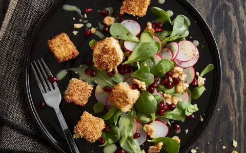 Feldsalat mit Radieschen, Walnüssen, Granatapfelkernen und knusprig panierten Käseecken.