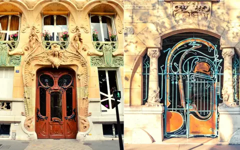Portes et grilles en architecture art nouveau, ornées de courbes organiques et de visages féminins.