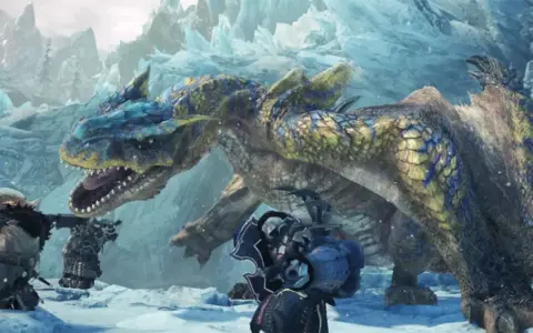 Cazadores se enfrentan a un dragón en un paisaje helado. ¡Una escena épica de Monster Hunter World!