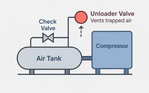Diagramme d'un compresseur d'air, d'une cuve et d'une soupape de décharge.