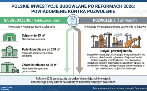 Polskie inwestycje budowlane po reformach 2026: zgłoszenie vs pozwolenie. Jak uniknąć problemów z urzędem budowlanym? Schemat wyjaśnia, co wymaga zgłoszenia, a co pozwolenia.
