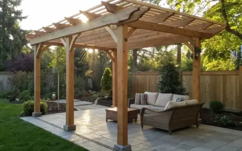 A beautiful wooden pergola, a perfect example of how to build a pergola, offers shade over a patio with outdoor furniture.