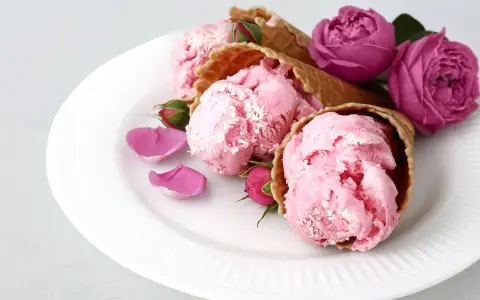Drei Eiswaffeln mit rosa rosen eis, garniert mit Rosenblättern und Knospen auf einem weißen Teller.