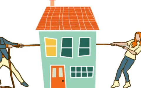 Un homme et une femme tirent une maison en sens opposés, symbolisant la désolidarisation d'un prêt immobilier.
