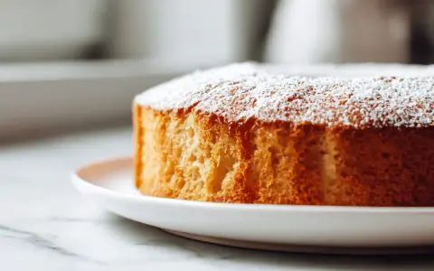 Ein goldbrauner Kuchen mit Puderzucker bestäubt, frisch aus dem Airfryer.