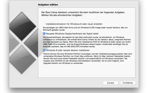 Boot Camp-Assistent: Windows 10 auf Mac installieren ohne Bootcamp. Optionen: Supportsoftware laden, Windows 8/neuer installieren.