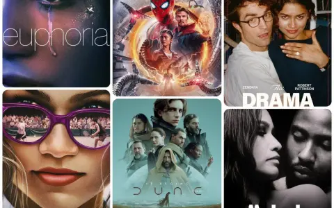 En kollage av filmer och tv-program med Zendaya: Euphoria, Spider-Man: No Way Home, The Drama, Dune och Malcolm & Marie.