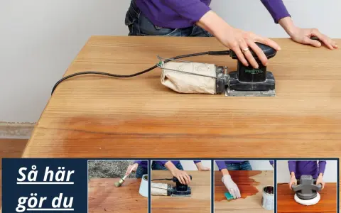 Person slipar teakbord med en Festool-slipmaskin. Bilden visar steg för att renovera träytor.