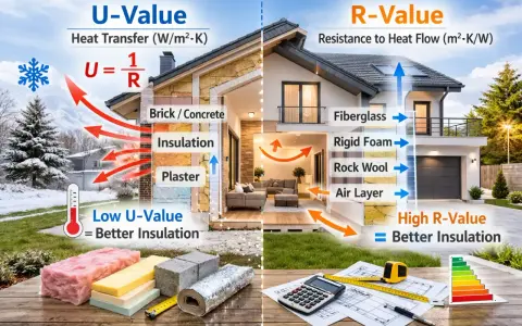 Ilustración comparativa de U-Value y R-Value en aislamiento de casas. Muestra cómo la lana de vidrio y otros materiales evitan la transferencia de calor, destacando la importancia de un buen aislamiento para el confort y la eficiencia energética, como ...
