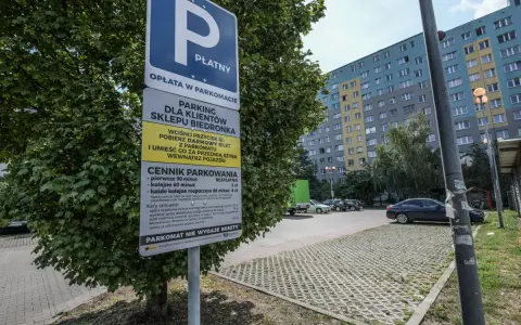 Płatny parking dla klientów Biedronki. Obok drzewa stoi znak informujący o cenniku i zasadach parkowania.