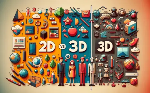 Kolorowe ikony ilustrujące świat 2D i 3D, od płaskich kształtów po bryły.