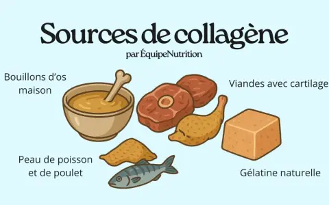 Sources de collagène : bouillons d'os, viandes avec cartilage, peau de poisson/poulet, gélatine naturelle. Découvrez les bienfaits du collagène !