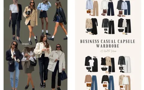 Modelli di outfit business casual. Il significato di "tinta unita" si riflette nella scelta di capi versatili e monocromatici per creare un guardaroba funzionale.