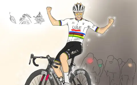 Tadej Pogačar celebrates a victory at the Tour de France, with sketches of iconic landmarks in the background.