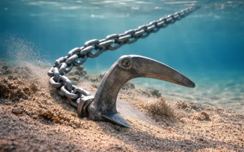 Un type d'ancre en métal s'enfonce dans le sable sous l'eau, une chaîne épaisse s'étendant vers la surface.