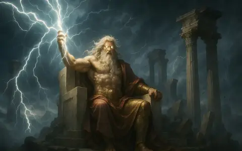 Zeus, der König der Götter, thront mit Blitz in der Hand. Seine Macht und die Bedeutung von Zeus spiegeln sich in der stürmischen, dramatischen Szenerie wider.
