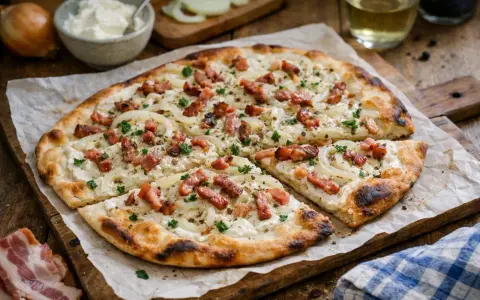 Une délicieuse flammekueche, garnie d'oignons et de lardons, prête à être dégustée. Parfait pour une recette facile et savoureuse.