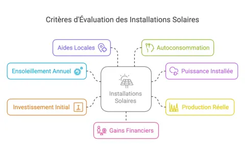 Schéma des critères d'évaluation des installations solaires, incluant l'investissement initial pour le calcul rentabilité panneau solaire, l'autoconsommation et les gains financiers.