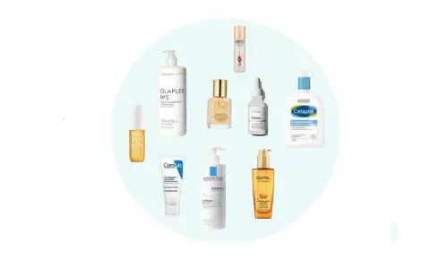 Collage verschiedener Kosmetikprodukte von Marken wie Olaplex, CeraVe, Cetaphil und The Ordinary.
