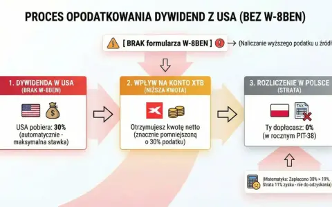 Proces opodatkowania dywidend z USA bez W-8BEN: USA pobiera 30%, na konto XTB wpływa niższa kwota, a w Polsce rozliczasz PIT-38 z 0% dopłaty, ale tracisz 11% zysku.