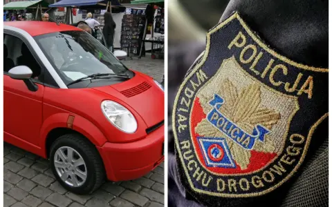 Czerwony pojazd, który może być prowadzony bez prawa jazdy, obok naszywki policji.