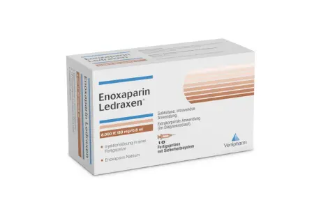 Packung Enoxaparin Ledraxen mit 10 Fertigspritzen. Die Injektionslösung enthält Enoxaparin-Natrium für subkutane und intravenöse Anwendung.