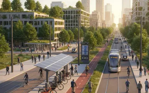 Ejemplos de movilidad sostenible: tranvía, bicicletas, coches eléctricos y edificios verdes en una ciudad futurista.