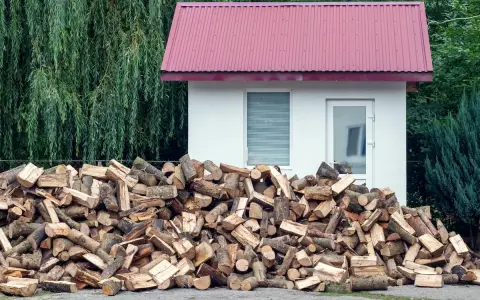 Duża sterta drewna opałowego przed białym budynkiem, z gęstym lasem w tle. Odległość budynku od lasu jest niewielka.