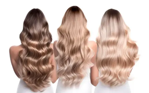 Trzy kobiety z falującymi włosami. Jedna ma ciemne, dwie pozostałe w odcieniach blond. Delikatny **air touch blond** na ich głowach.