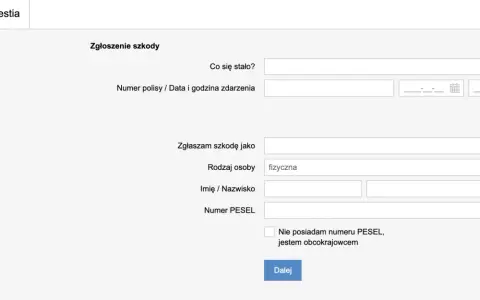 Formularz zgłoszenia szkody w Hestii. Wpisz dane zdarzenia, polisy, osoby zgłaszającej i numer PESEL.