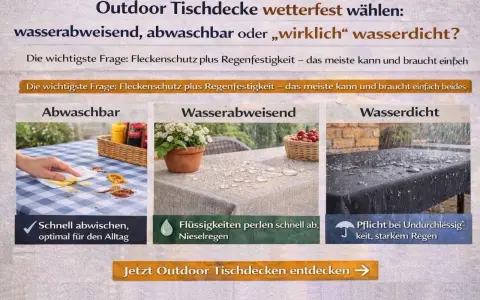 Outdoor-Tischdecken: abwaschbar, wasserabweisend oder wirklich wasserdicht? Für Schutz bei jedem Wetter, auch bei starkem Regen, ist eine wasserdichte Tischdecke ideal.
